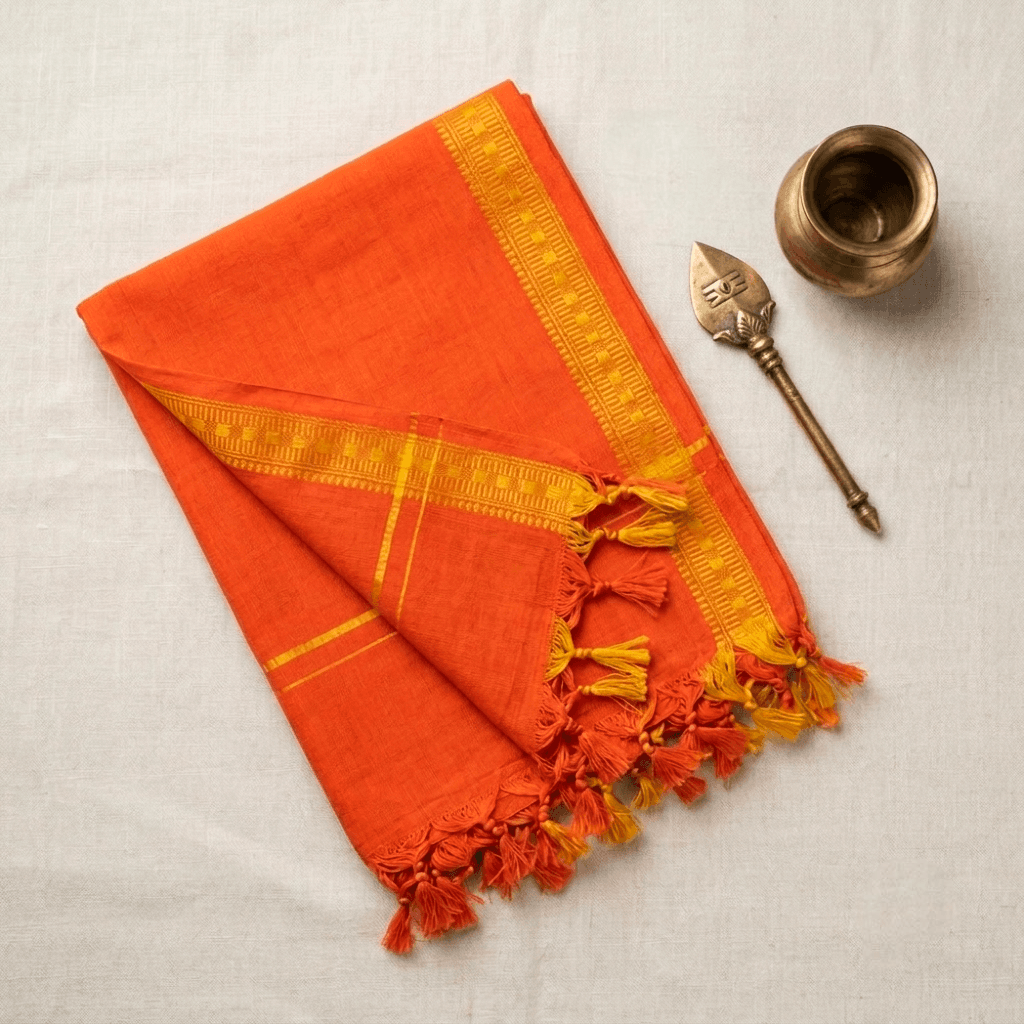 Oscar Fabrics Premium 100% Cotton Temple Towel | Traditional Angavastram with Gold Zari Border & Tassels