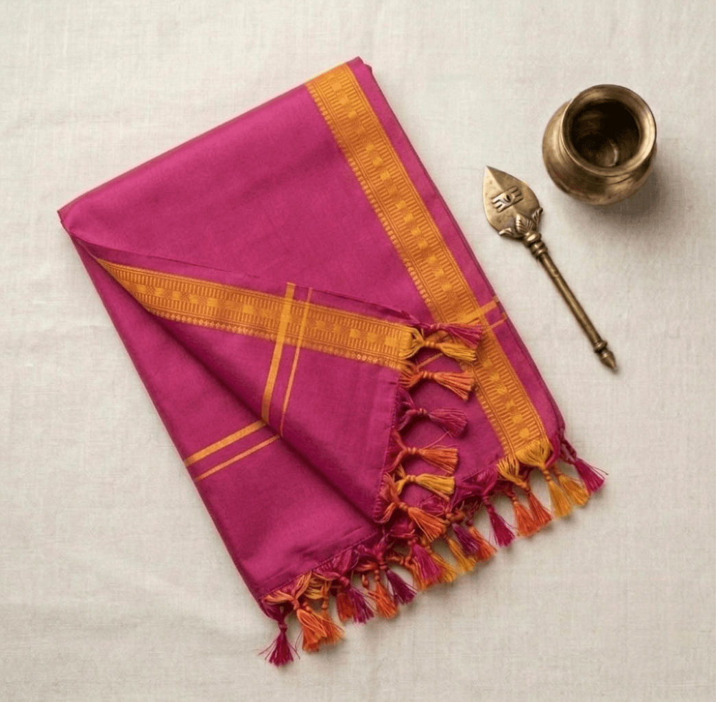 Oscar Fabrics Premium 100% Cotton Temple Towel | Traditional Angavastram with Gold Zari Border & Tassels