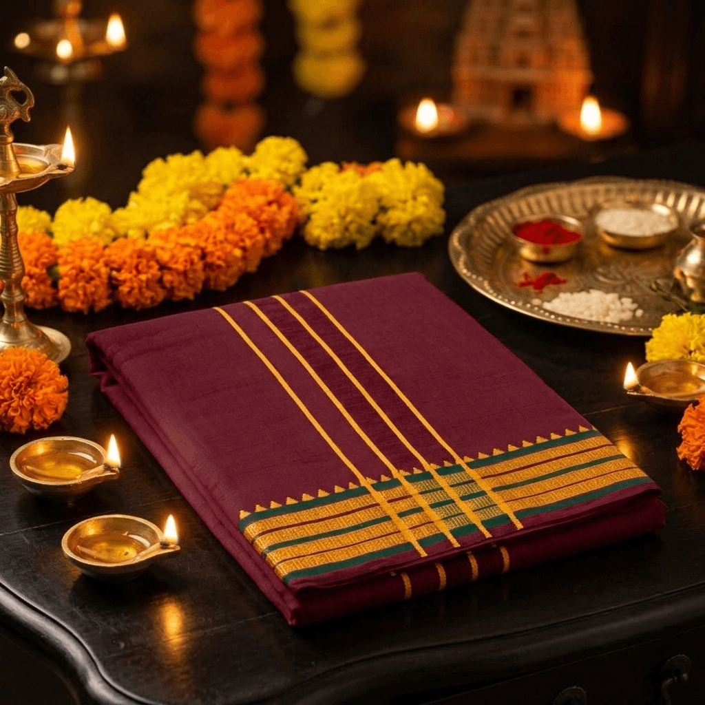 9x5 Pure Cotton Dhotis – Balaji Brand - Traditional Handloom Style Veshti with Intricate Zari Border