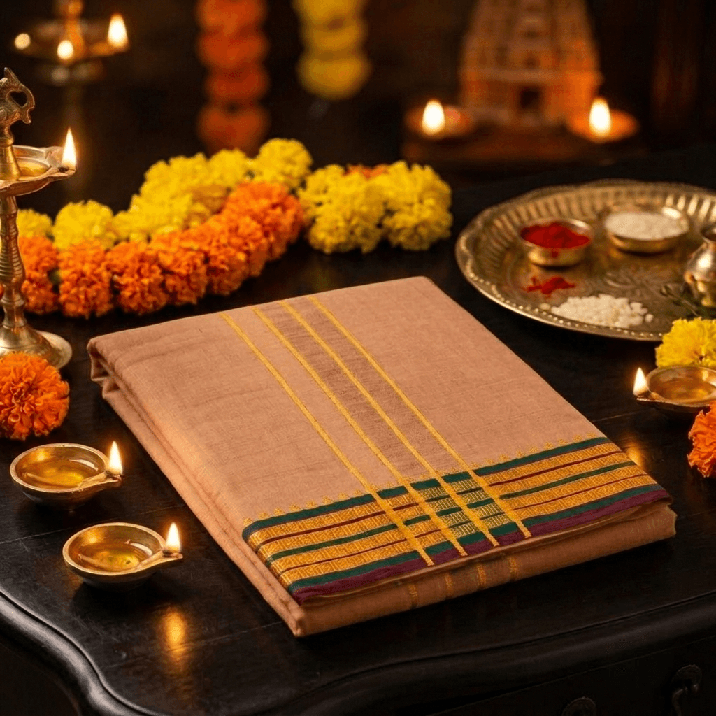 9x5 Pure Cotton Dhotis – Balaji Brand - Traditional Handloom Style Veshti with Intricate Zari Border