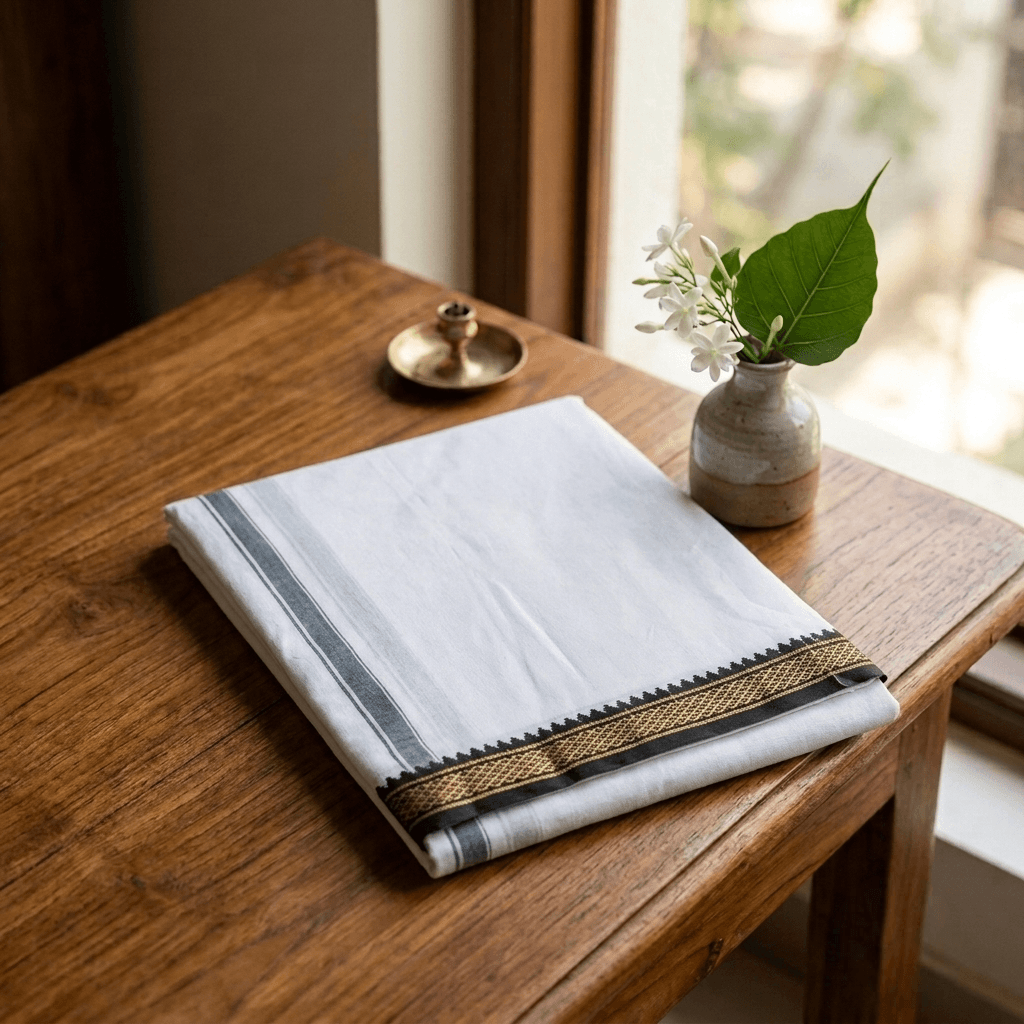 White Vesthi with Black Border - 100% Cotton